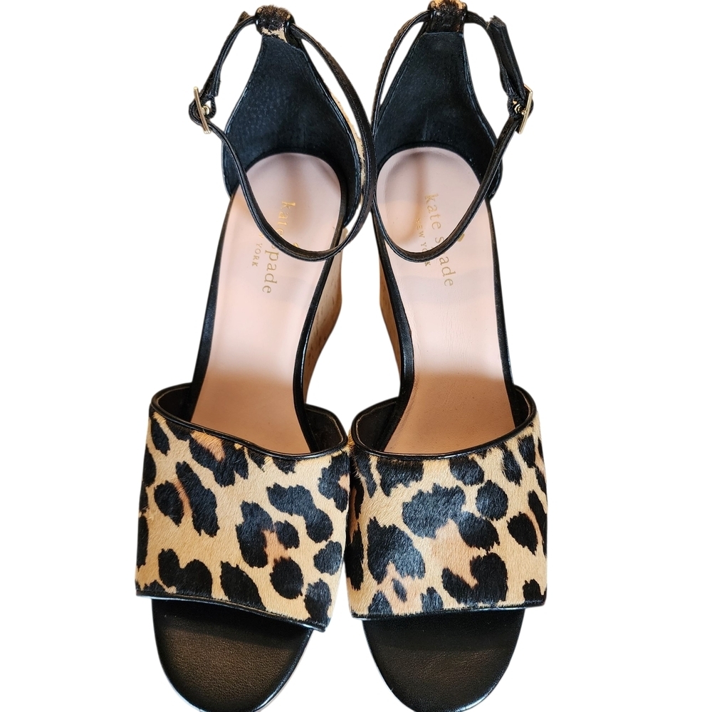 Kate Spade New York Lonnie Leopard Printed Calf Hair Wedge Sandals - 8M - Picture 10 of 13